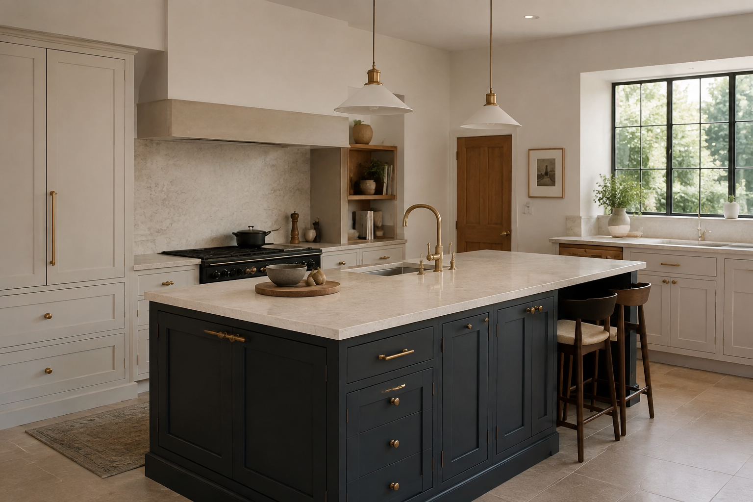 Concept of a painted kitchen with a charcoal island and stone worktop