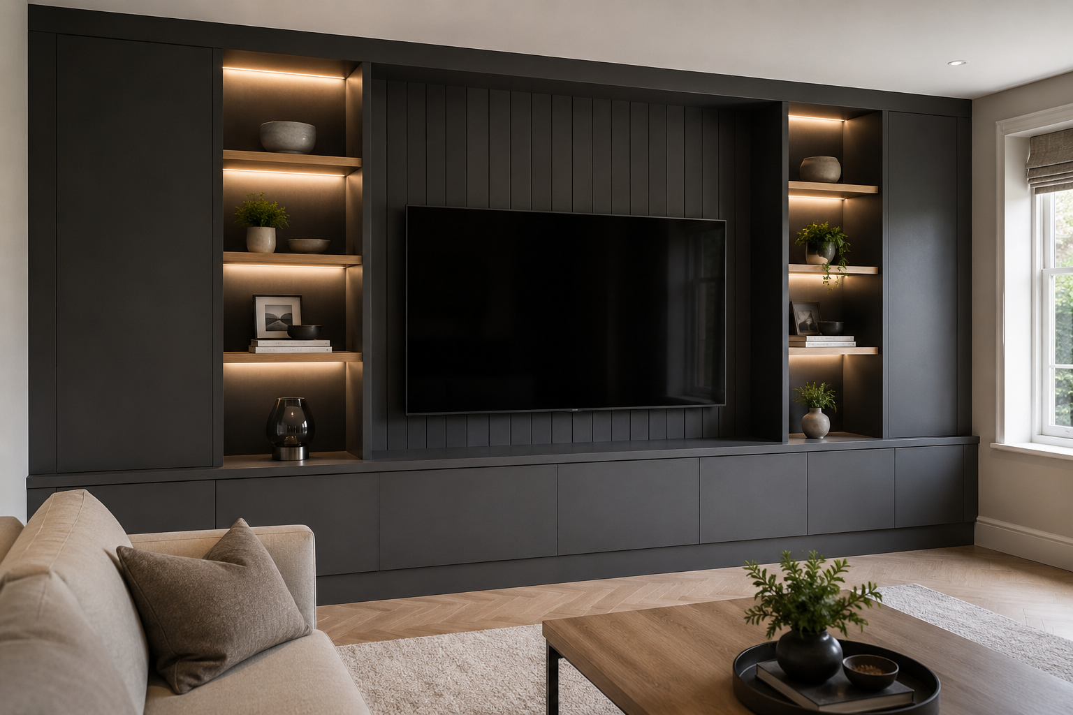 Concept of a charcoal fitted media wall with oak shelves and lighting