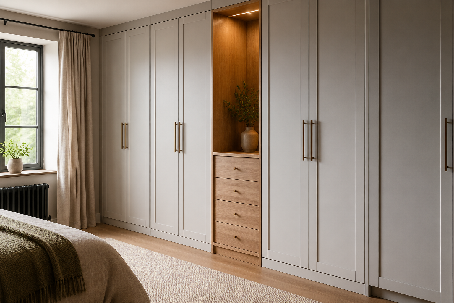 Concept of painted fitted wardrobes with an oak display niche